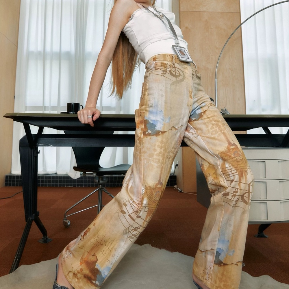 Painted Print Wide Leg Pants in Beige and Blue
